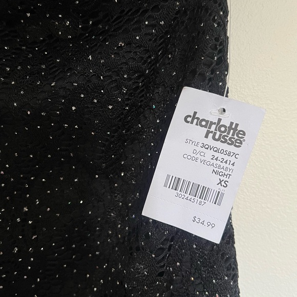 CHARLOTTE RUSSE Black Sparkly Lace Mini Dress Long Sleeve One Shoulder - Picture 6 of 9